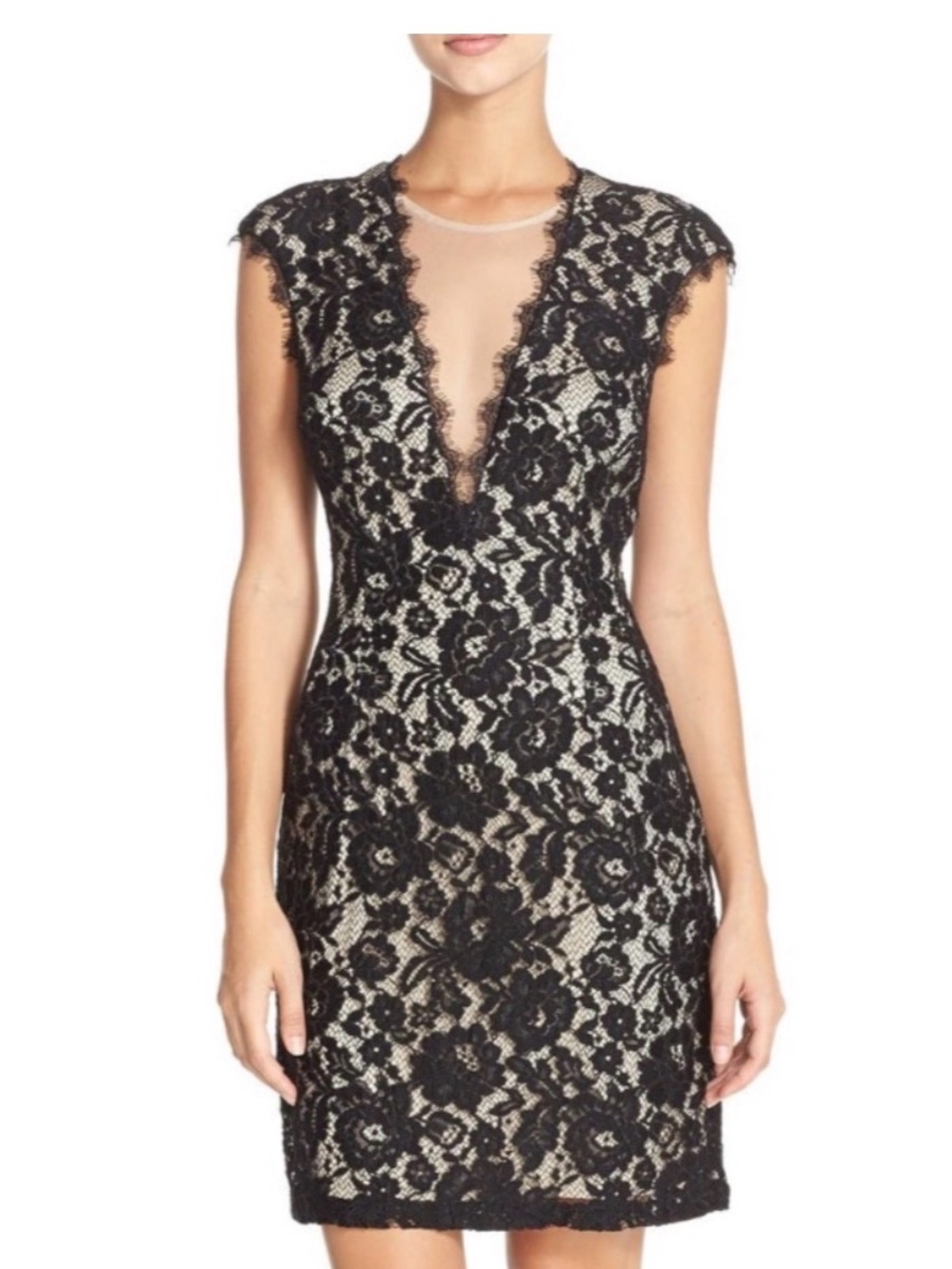Aidan Mattox Black Lace Mini Dress with Nude Lining
